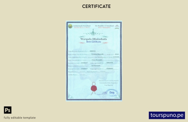 Plantilla de certificado de nacimiento de Somalia lista para imprimir en formato